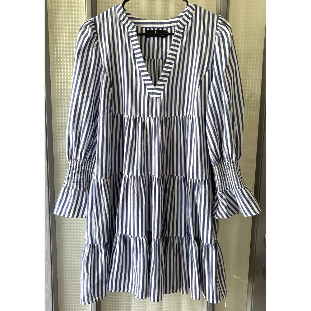 Pomander Place Blue White Striped Tiered Mini Dress V-Neck Smocked Cuff‎ Small